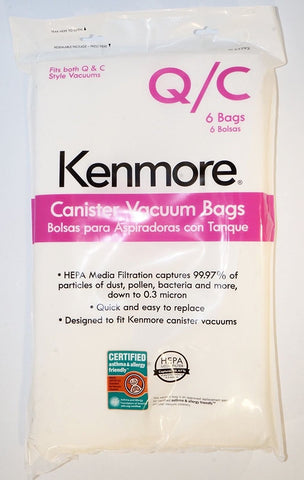 Kenmore Type Q/C Vacuum Bags Hepa for Canister Vacuums 6 Pk Media Filtration Synthetic